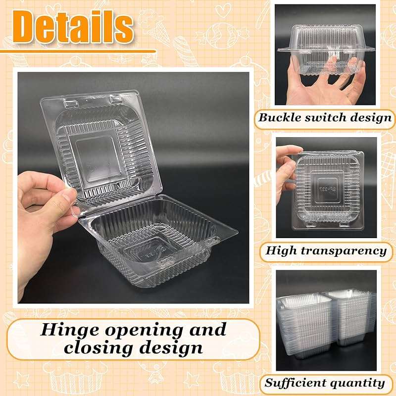 Jgalnim 100 Pack Clear Plastic Square Hinged Food Clamshell Container,Disposable To Go Cake Slice Container,Clear Plastic Clamshell Food Containers for Cookies, Desserts, Fruits, Salads, Sandwiches - Image 5
