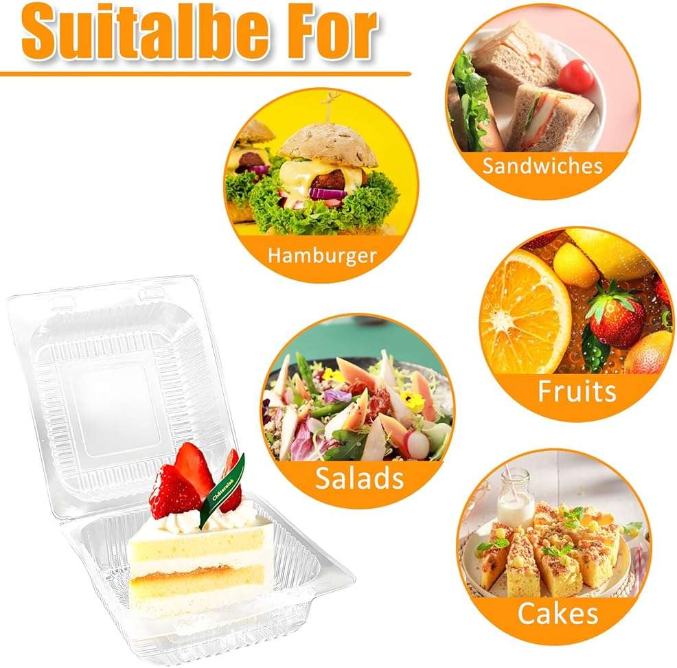 Jgalnim 100 Pack Clear Plastic Square Hinged Food Clamshell Container,Disposable To Go Cake Slice Container,Clear Plastic Clamshell Food Containers for Cookies, Desserts, Fruits, Salads, Sandwiches - Image 7