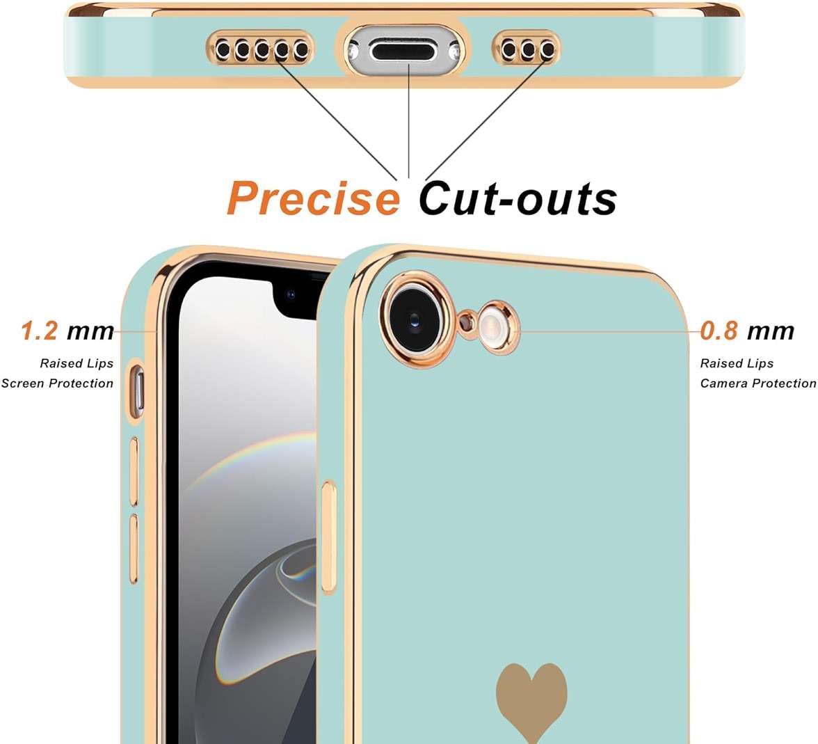 Teageo for iPhone 16e Case/for iPhone 17e Case with Screen Protector [2 Pack] for Girl Women Cute Girly Love-Heart Luxury Gold Soft Cover Camera Protection Silicone Shockproof Bumper, Pearl Aqua - Image 2