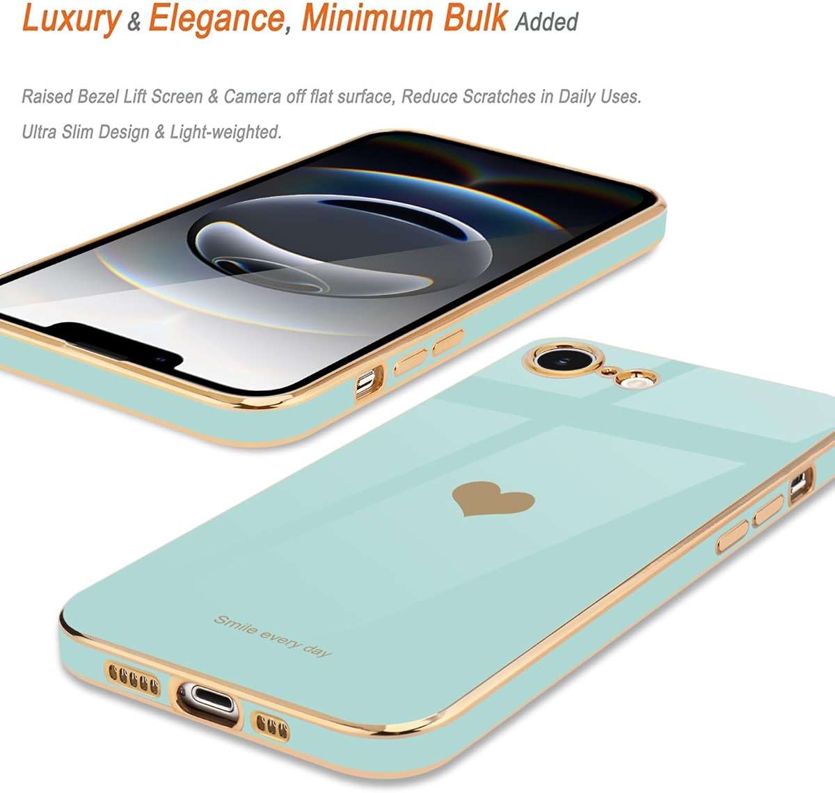 Teageo for iPhone 16e Case/for iPhone 17e Case with Screen Protector [2 Pack] for Girl Women Cute Girly Love-Heart Luxury Gold Soft Cover Camera Protection Silicone Shockproof Bumper, Pearl Aqua - Image 3