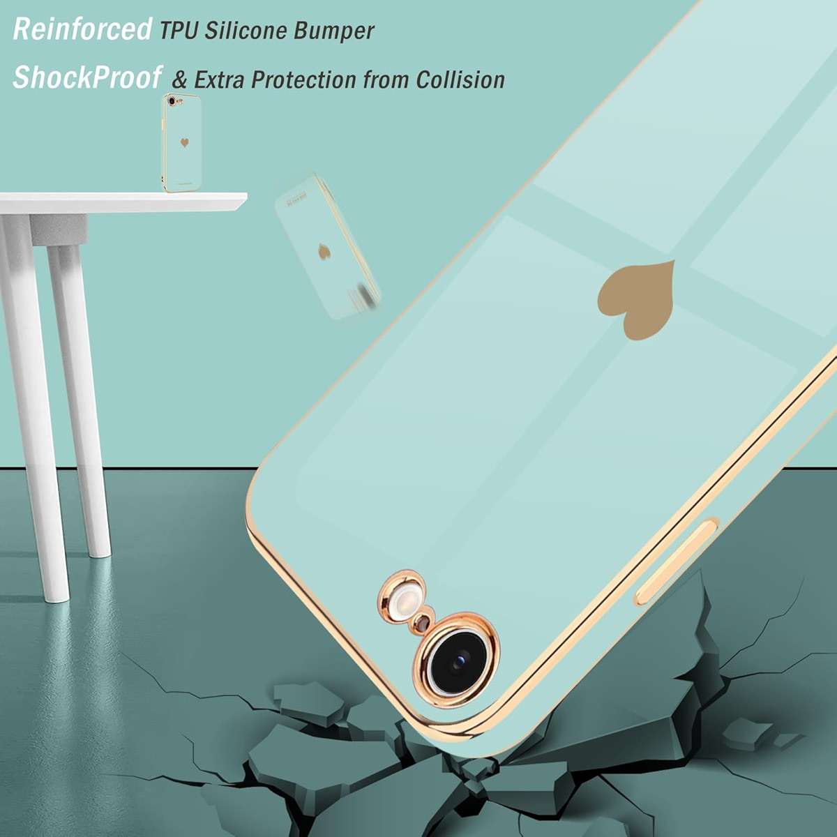 Teageo for iPhone 16e Case/for iPhone 17e Case with Screen Protector [2 Pack] for Girl Women Cute Girly Love-Heart Luxury Gold Soft Cover Camera Protection Silicone Shockproof Bumper, Pearl Aqua - Image 4