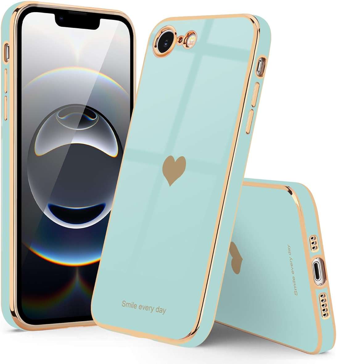 Teageo for iPhone 16e Case/for iPhone 17e Case with Screen Protector [2 Pack] for Girl Women Cute Girly Love-Heart Luxury Gold Soft Cover Camera Protection Silicone Shockproof Bumper, Pearl Aqua - Image 6