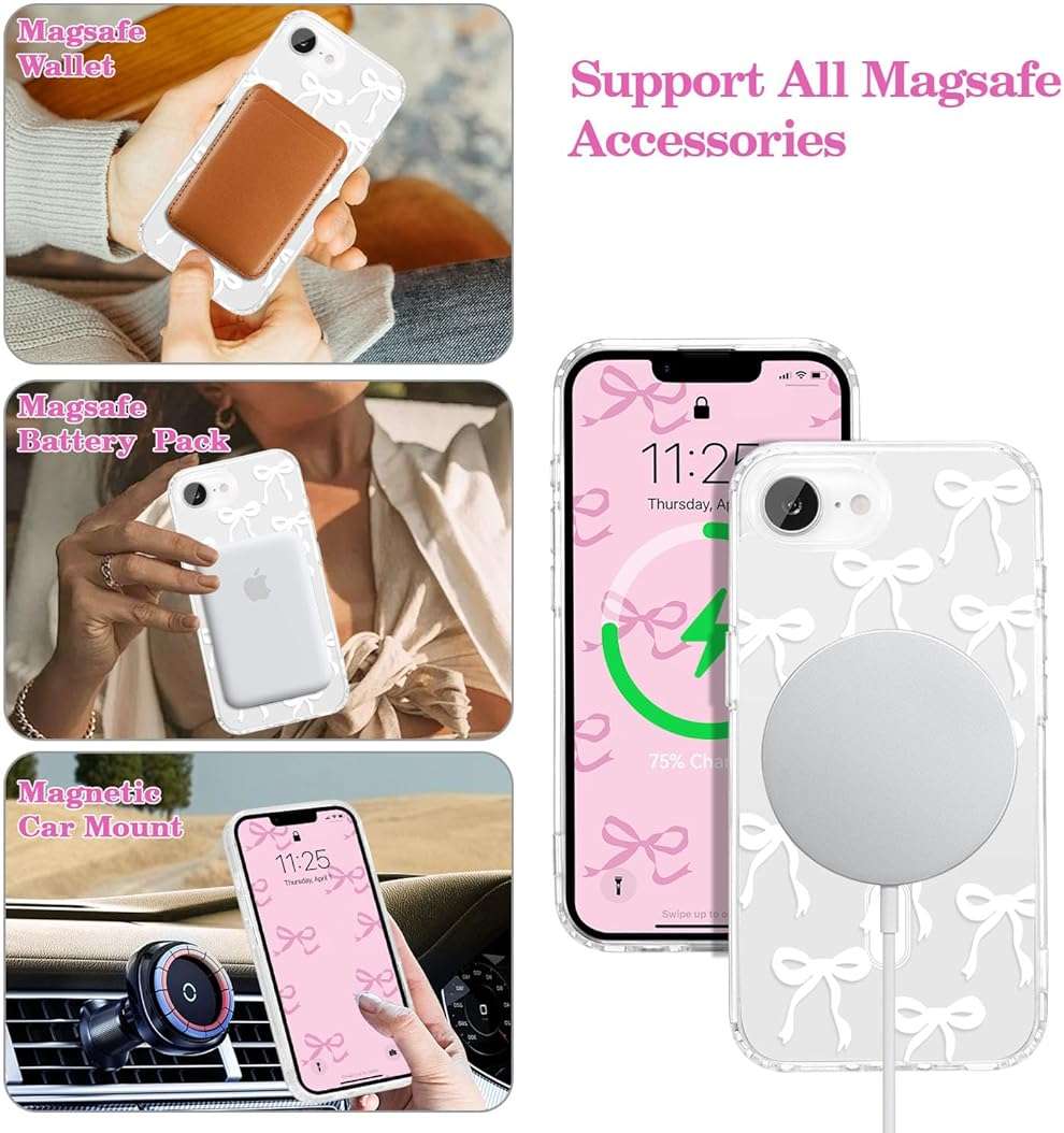 UEEBAI Magnetic for iPhone 17e/iPhone16e Case, Bow Case Compatible with MagSafe, Wireless Slim Clear Ribbon Aesthetic Phone Cover Anti-Yellowing Shockproof Protective Cover for Women Girl - White - Image 2