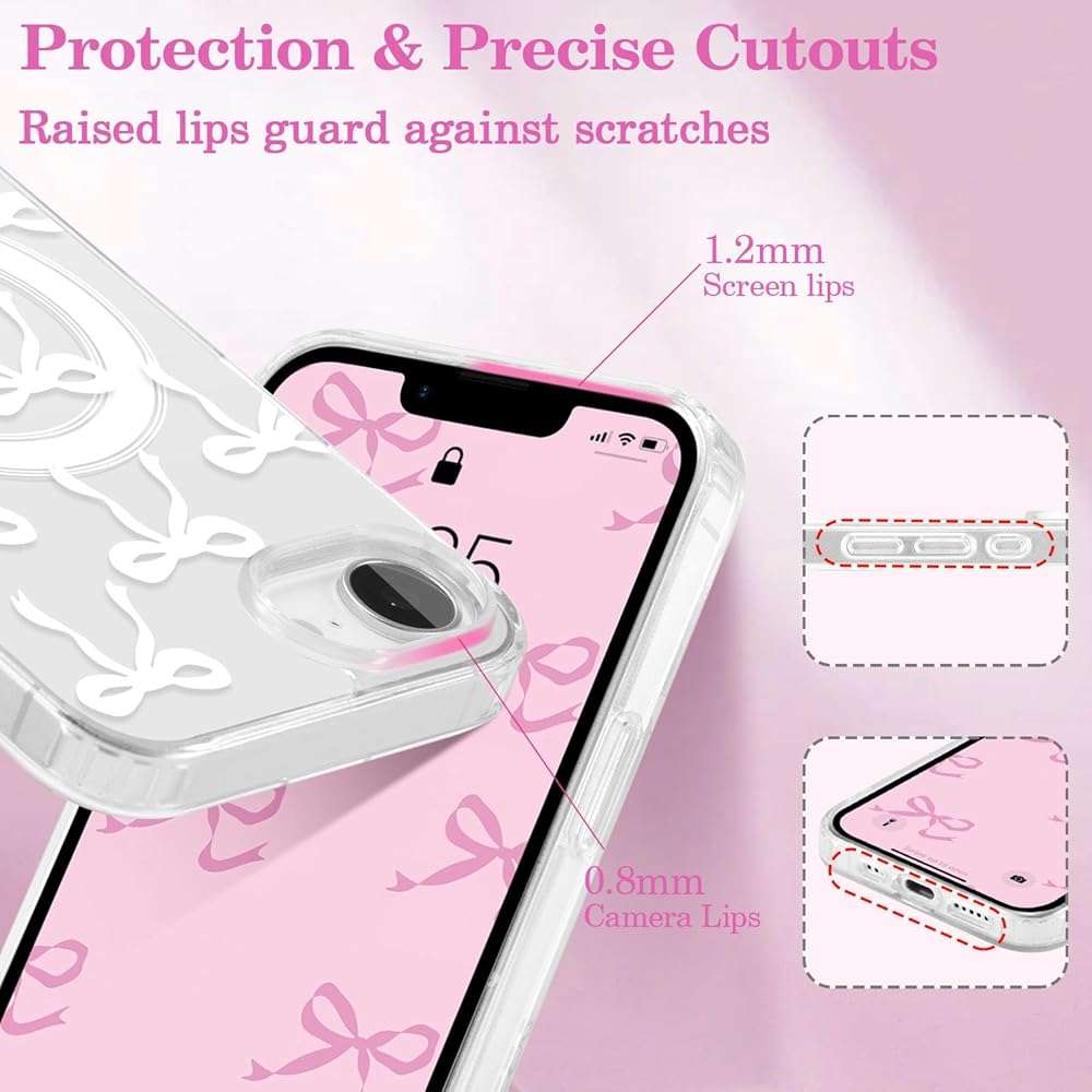 UEEBAI Magnetic for iPhone 17e/iPhone16e Case, Bow Case Compatible with MagSafe, Wireless Slim Clear Ribbon Aesthetic Phone Cover Anti-Yellowing Shockproof Protective Cover for Women Girl - White - Image 4