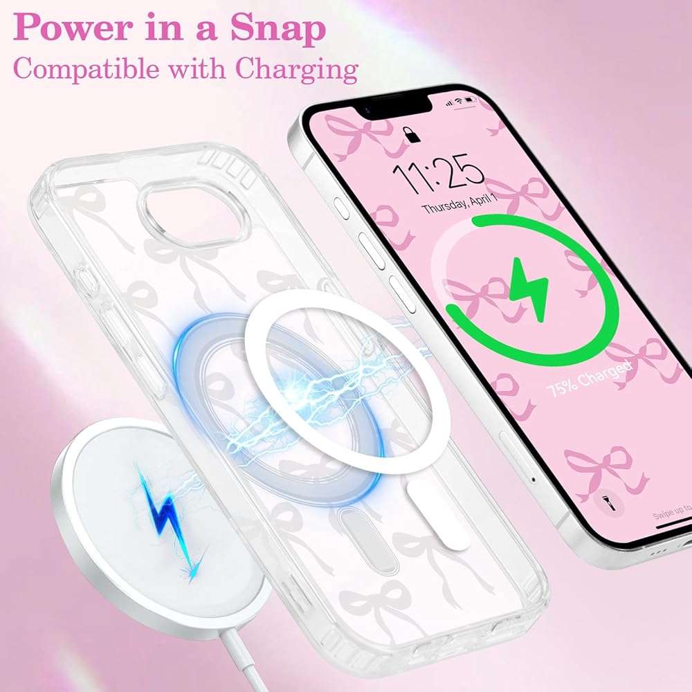 UEEBAI Magnetic for iPhone 17e/iPhone16e Case, Bow Case Compatible with MagSafe, Wireless Slim Clear Ribbon Aesthetic Phone Cover Anti-Yellowing Shockproof Protective Cover for Women Girl - White - Image 5