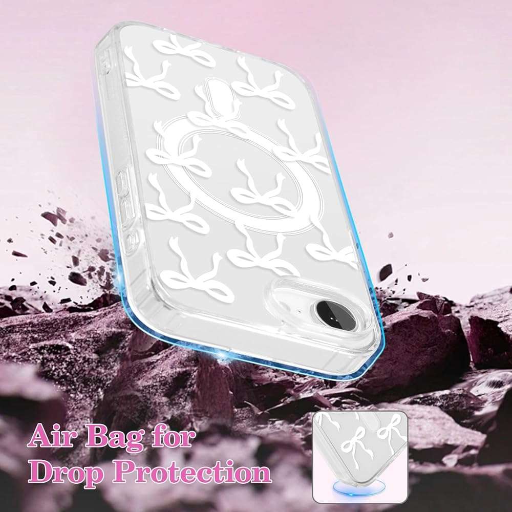 UEEBAI Magnetic for iPhone 17e/iPhone16e Case, Bow Case Compatible with MagSafe, Wireless Slim Clear Ribbon Aesthetic Phone Cover Anti-Yellowing Shockproof Protective Cover for Women Girl - White - Image 6