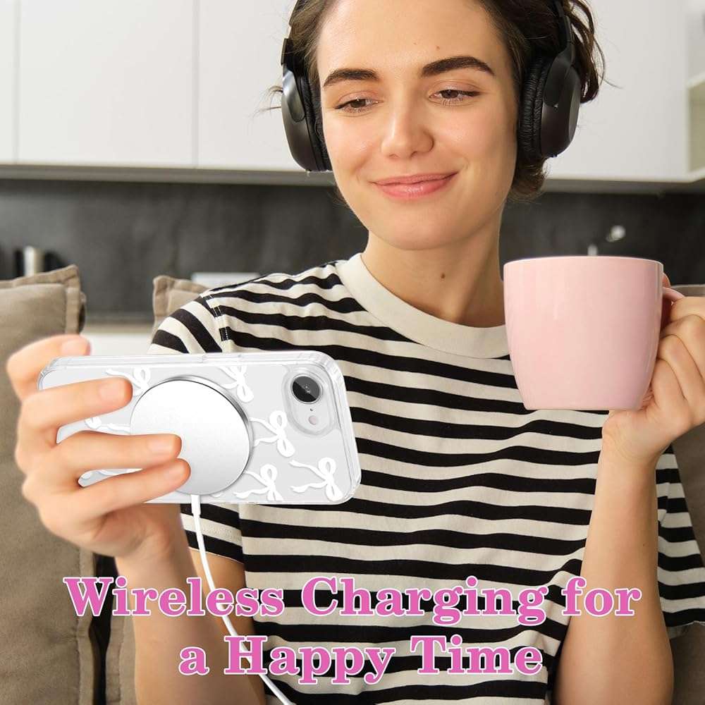 UEEBAI Magnetic for iPhone 17e/iPhone16e Case, Bow Case Compatible with MagSafe, Wireless Slim Clear Ribbon Aesthetic Phone Cover Anti-Yellowing Shockproof Protective Cover for Women Girl - White - Image 7
