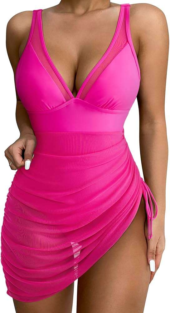 SUUKSESS Women Mesh One Piece Swim Dress Swimsuit Tummy Control Bathing Suit - Image 1