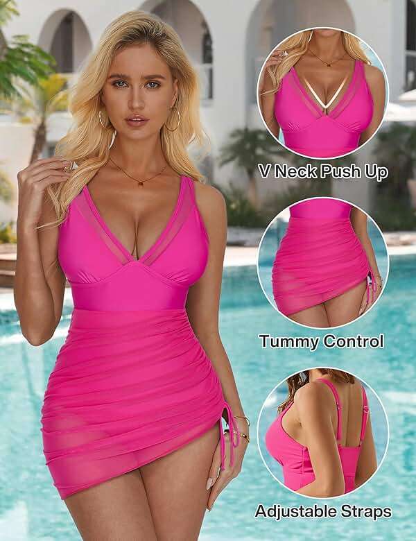 SUUKSESS Women Mesh One Piece Swim Dress Swimsuit Tummy Control Bathing Suit - Image 2