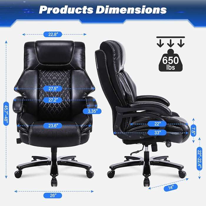 500LBS Big and Tall Office Chair for Heavy People 650lbs Heavy Duty Executive Chair with Adjustable Lumbar Support, Wide Seat, Ergonomic High-Back Leather Desk Chair for Adults 8 Hours Daliy Work - Image 3