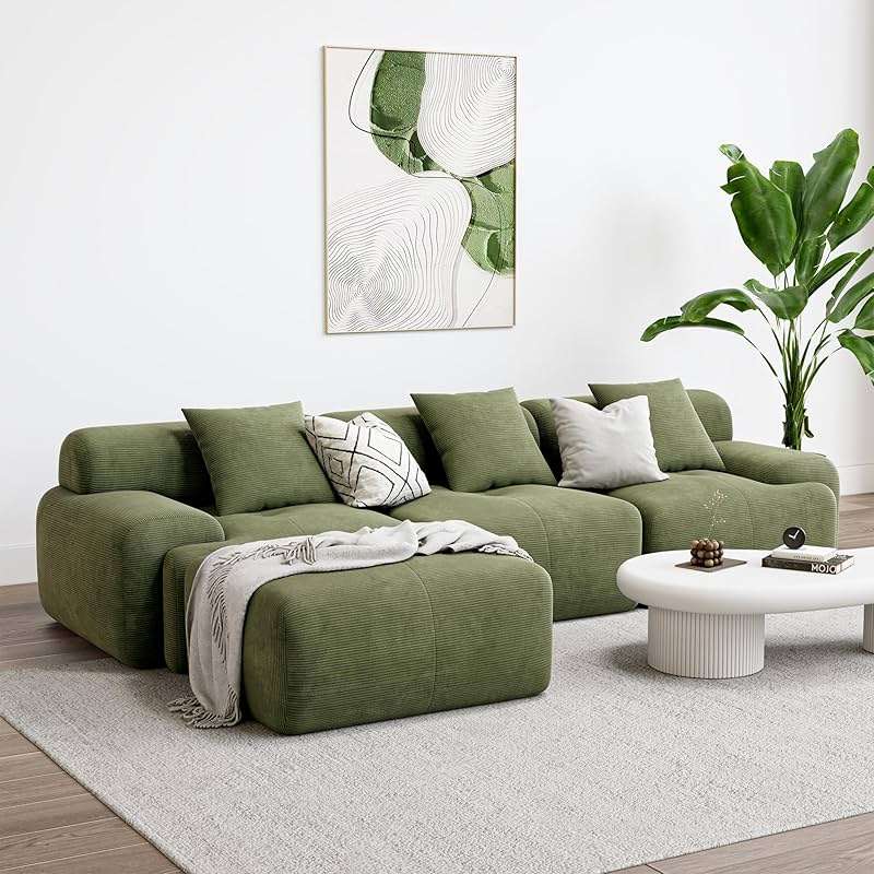 LIKIMIO LumiCord Modular Sectional Sofa with Ottoman, 118" L-Shaped Boneless Couch for Living Room, Oversized Deep Seat with Corduroy Upholstery, No Assembly Required, Olive Green - Image 1