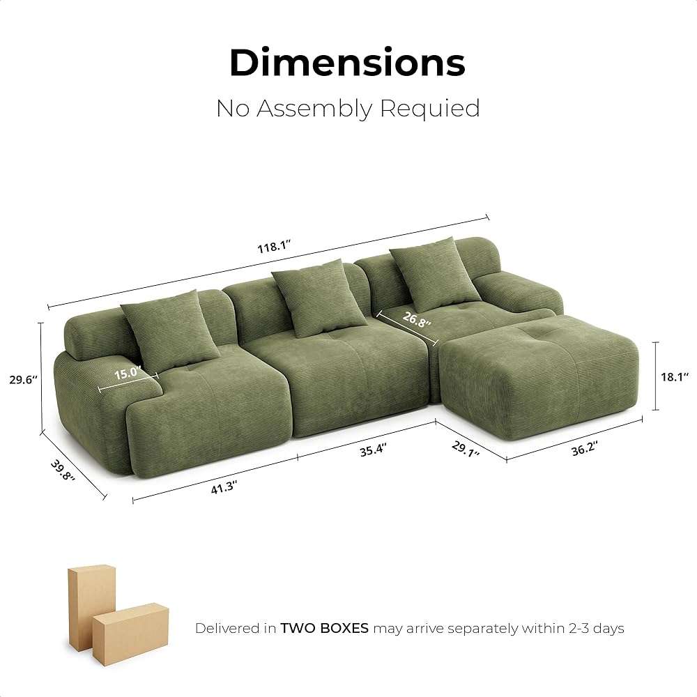 LIKIMIO LumiCord Modular Sectional Sofa with Ottoman, 118" L-Shaped Boneless Couch for Living Room, Oversized Deep Seat with Corduroy Upholstery, No Assembly Required, Olive Green - Image 2