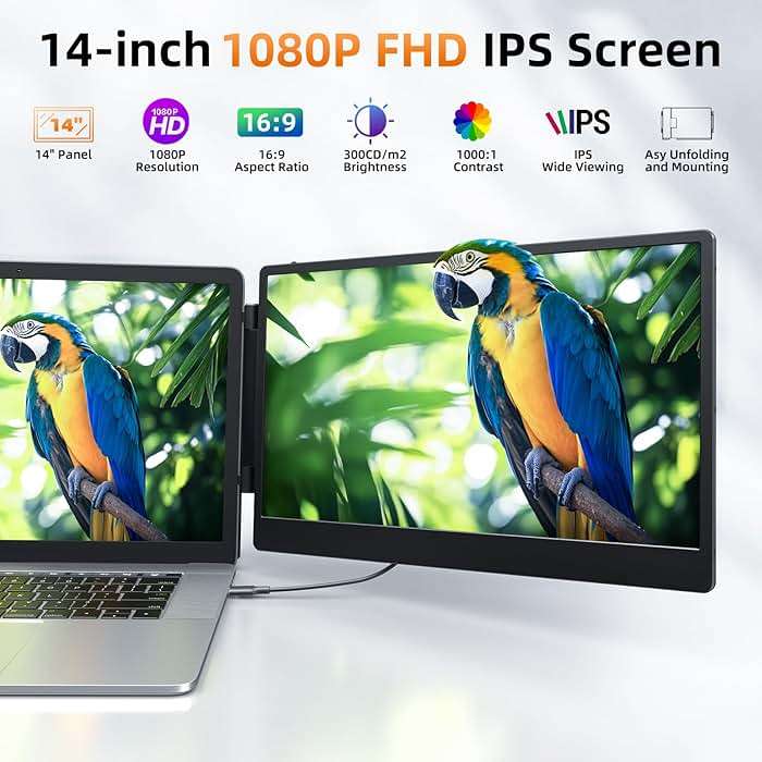ZUMWALT Laptop Screen Extender, 14" Triple Portable Monitor for Laptop, 1080P FHD Screen Extender Monitors for 13"-16.5", Monitor Extender for MacOS/Windows/Chrome (Built-in Speakers) - Image 2
