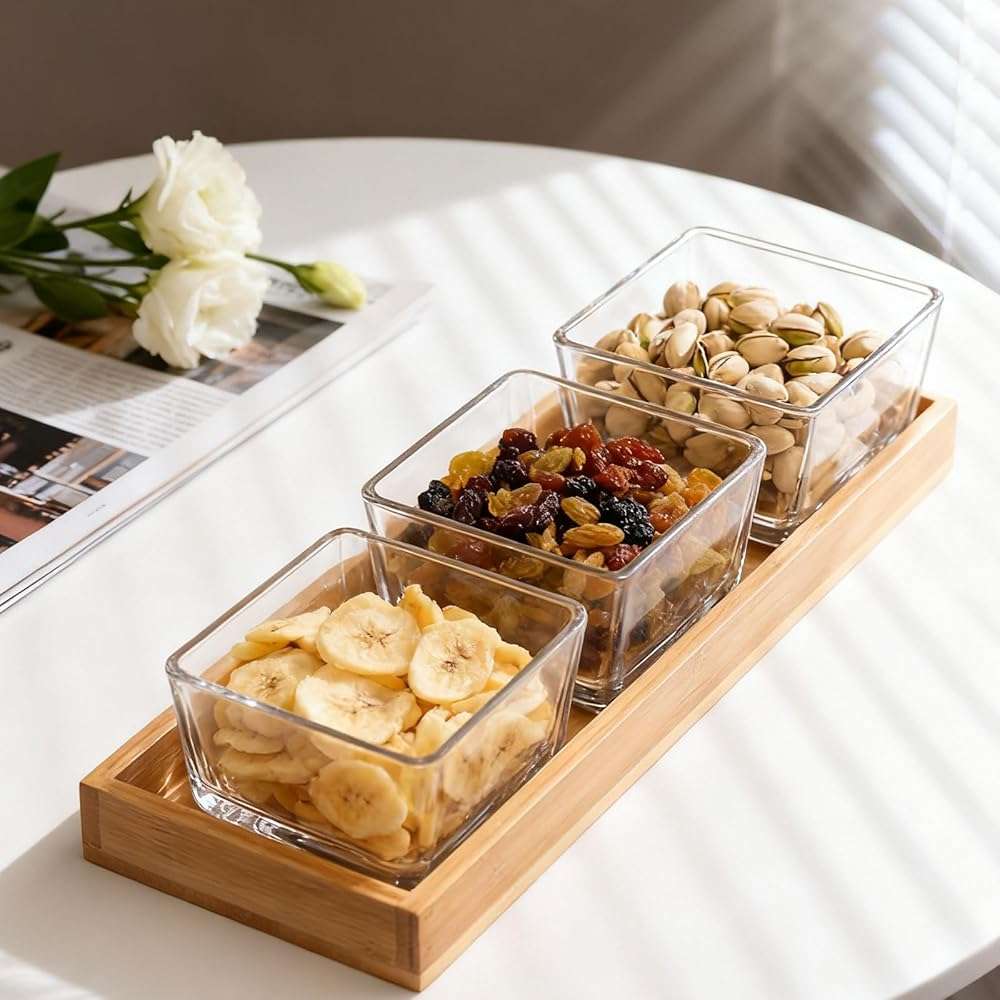 Snackle Box Container Chip and Dip Bowls With Serving Tray, 3 Glass Square Sauce Cups Dip Bowls, Small Fruit Platter Side Dishes for Party Entertaining Appetizer Dessert Salsa Side Dishes(THREE) - Image 4