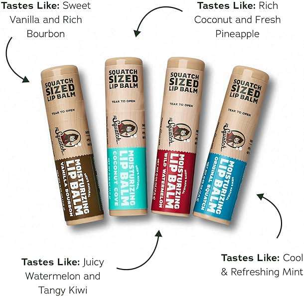 Dr. Squatch Natural Lip Balm for Men – Men’s Lip Care for Dry, Chapped Lips – Coconut Oil, Shea Butter & Beeswax – Original Squatch, Vanilla Bourbon, Coconut Cove, Wild Watermelon (0.25 oz, 4 Pack) - Image 5
