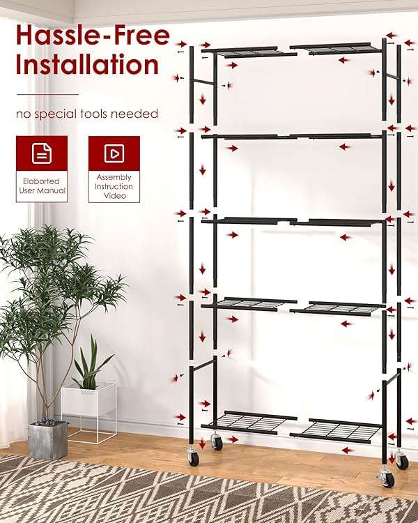 Sakugi Storage Shelves Organizer - 5 Tier Metal Shelf Organizer with Metal Wheels and Adjustable Leveling Feet, Heavy Duty Garage Shelving for Kitchen, Pantry and Closet, 33.1"x12.6"x73.5", Black - Image 7
