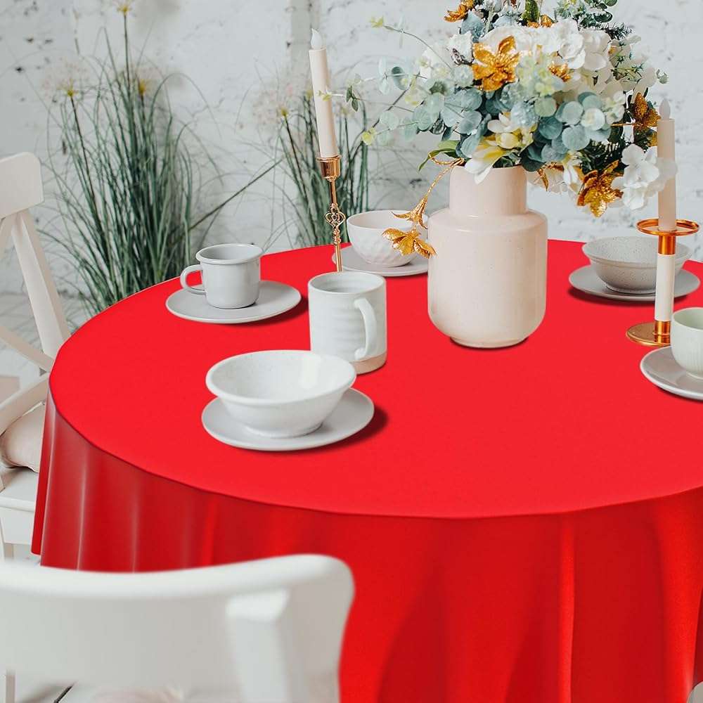 CXPSINC 8 Pack Premium Disposable Plastic Tablecloth 84" Round Table Cover for Birthdays Weddings Christmas Anniversary (Red) - Image 2