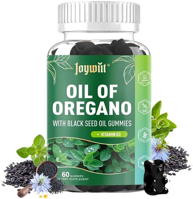 Joywiit Oregano Oil Gummies 300mg with 200mg Black Seed Oil + D3 1000IU | Organic Oil of Oregano Chewable Supplements | Carvacrol + Thymoquinone | Vegan, Non GMO | Immune & Gut Support | 60 Cts - Image 1