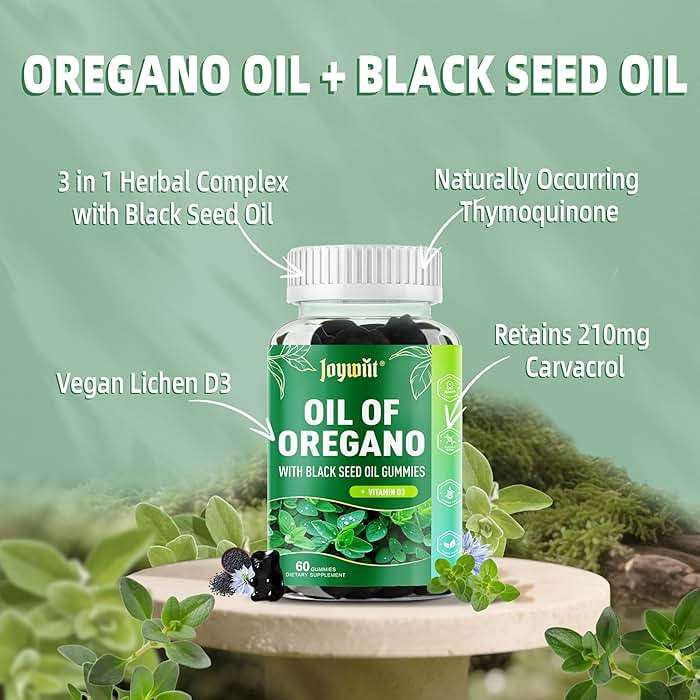 Joywiit Oregano Oil Gummies 300mg with 200mg Black Seed Oil + D3 1000IU | Organic Oil of Oregano Chewable Supplements | Carvacrol + Thymoquinone | Vegan, Non GMO | Immune & Gut Support | 60 Cts - Image 2