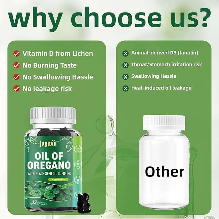 Joywiit Oregano Oil Gummies 300mg with 200mg Black Seed Oil + D3 1000IU | Organic Oil of Oregano Chewable Supplements | Carvacrol + Thymoquinone | Vegan, Non GMO | Immune & Gut Support | 60 Cts - Image 6