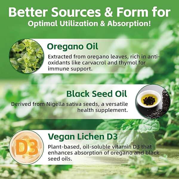 Joywiit Oregano Oil Gummies 300mg with 200mg Black Seed Oil + D3 1000IU | Organic Oil of Oregano Chewable Supplements | Carvacrol + Thymoquinone | Vegan, Non GMO | Immune & Gut Support | 60 Cts - Image 7