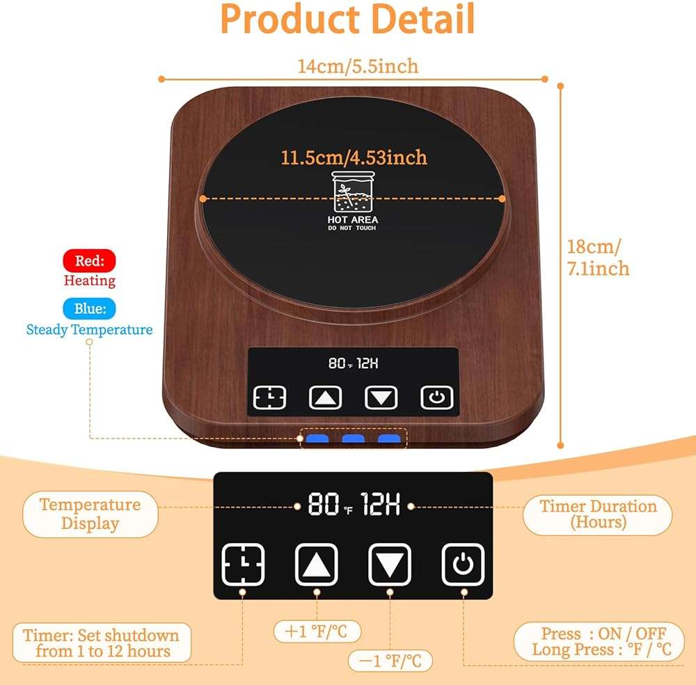 JawJuly Sourdough Starter Warmer (70-100°F), 1°F Adjustable Sourdough Warming Mat, Waterproof Thermometer Strip, 24H Timer & Auto Shutoff, Safe for Home Bakers & Beginners (US Plug) - Wood Grain - Image 2