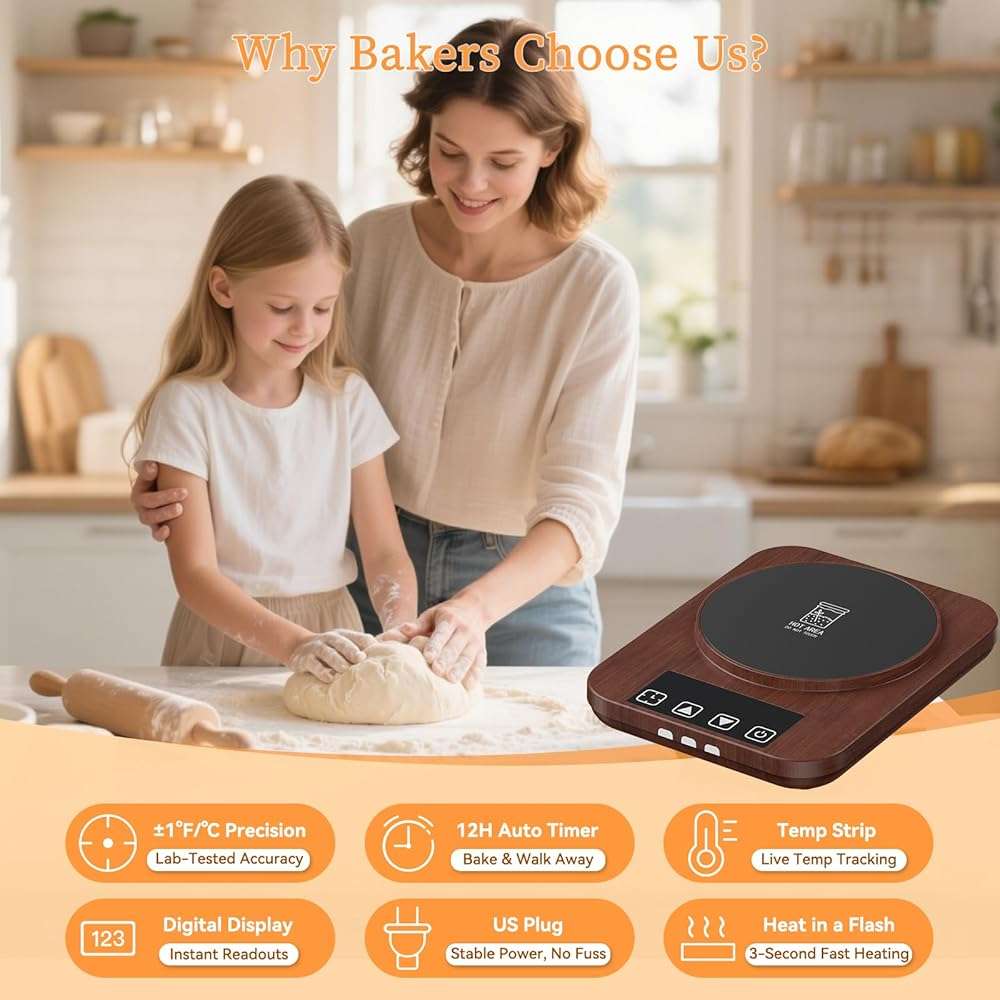 JawJuly Sourdough Starter Warmer (70-100°F), 1°F Adjustable Sourdough Warming Mat, Waterproof Thermometer Strip, 24H Timer & Auto Shutoff, Safe for Home Bakers & Beginners (US Plug) - Wood Grain - Image 3