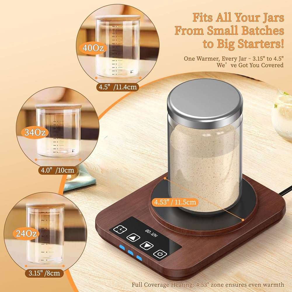 JawJuly Sourdough Starter Warmer (70-100°F), 1°F Adjustable Sourdough Warming Mat, Waterproof Thermometer Strip, 24H Timer & Auto Shutoff, Safe for Home Bakers & Beginners (US Plug) - Wood Grain - Image 6