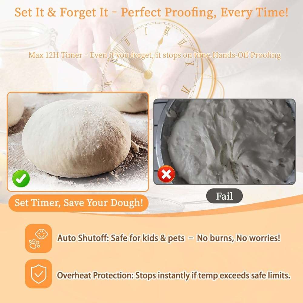 JawJuly Sourdough Starter Warmer (70-100°F), 1°F Adjustable Sourdough Warming Mat, Waterproof Thermometer Strip, 24H Timer & Auto Shutoff, Safe for Home Bakers & Beginners (US Plug) - Wood Grain - Image 7