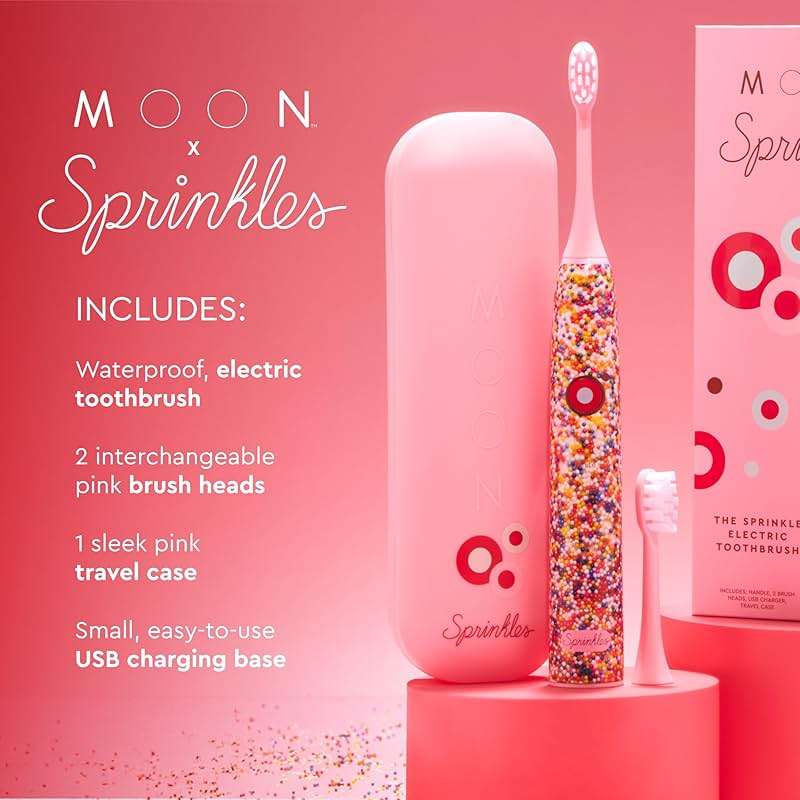 Moon x Sprinkles Sonic Electric Toothbrush, Quiet & Waterproof Rechargeable Toothbrush for Sensitive Gums, 5 Cleaning Modes, 36,000 Vibrations, 6 Week Battery, Includes 2 Brush Heads & Travel Case - Image 2