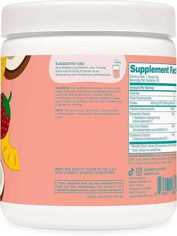 Wellah Creatine for Women (50 Servings, Strawberry Pina Colada) - Creatine Monohydrate with Dandelion & Cranberry Extract - Image 3