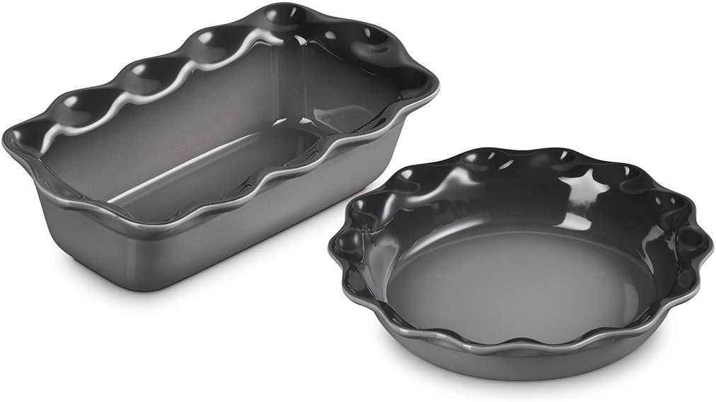 Le Creuset Stoneware Set of 2 9" Heritage Fluted Pie and 9" Fluted Loaf Dish, Oyster - Image 1