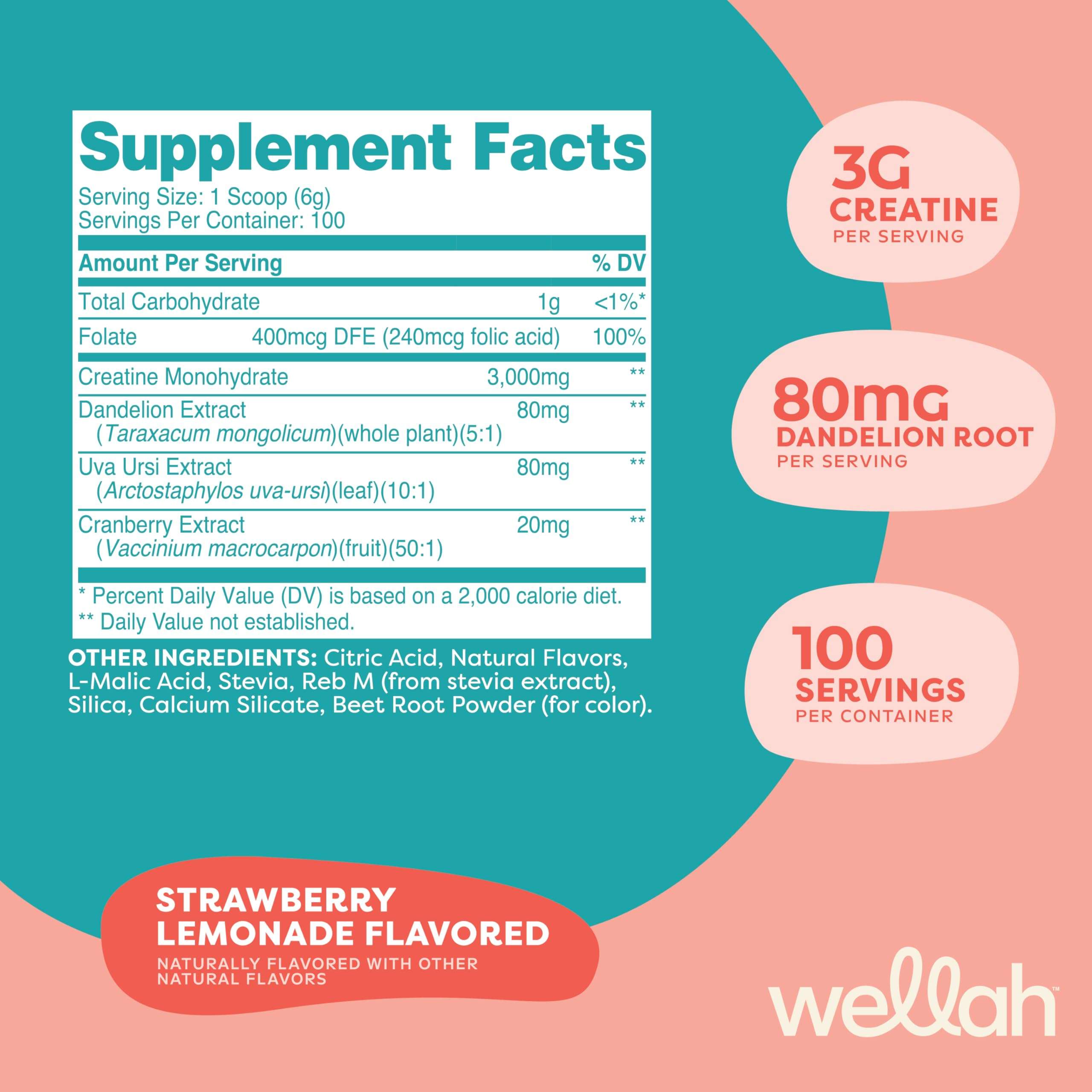 Wellah Creatine for Women - Creatine Monohydrate with Dandelion & Cranberry Extract (100 Servings, Strawberry Lemonade) - Image 3