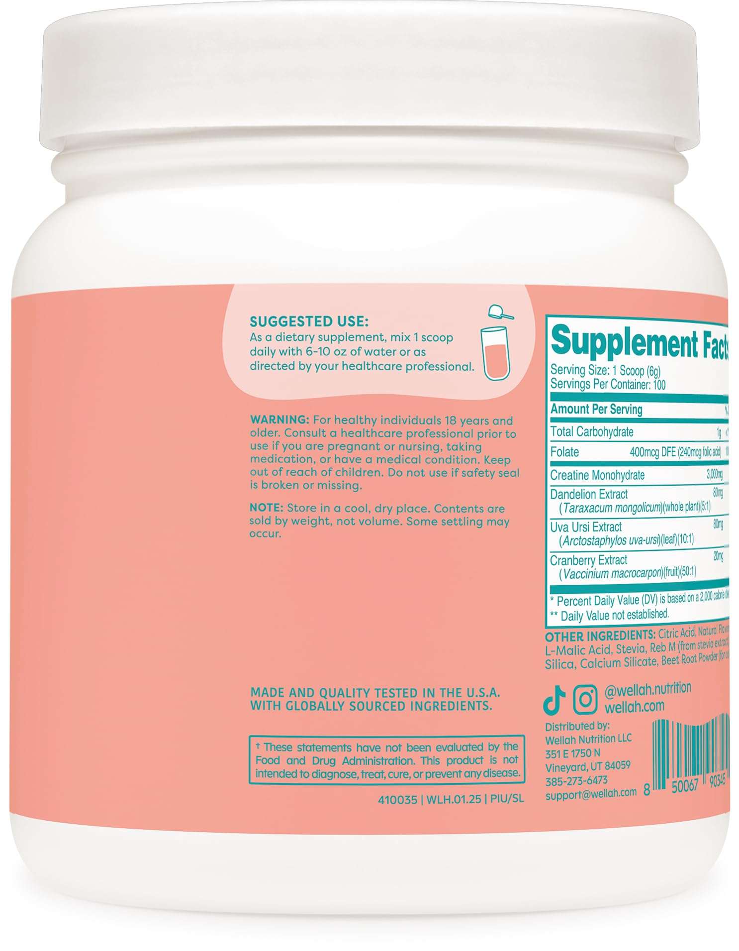 Wellah Creatine for Women - Creatine Monohydrate with Dandelion & Cranberry Extract (100 Servings, Strawberry Lemonade) - Image 4