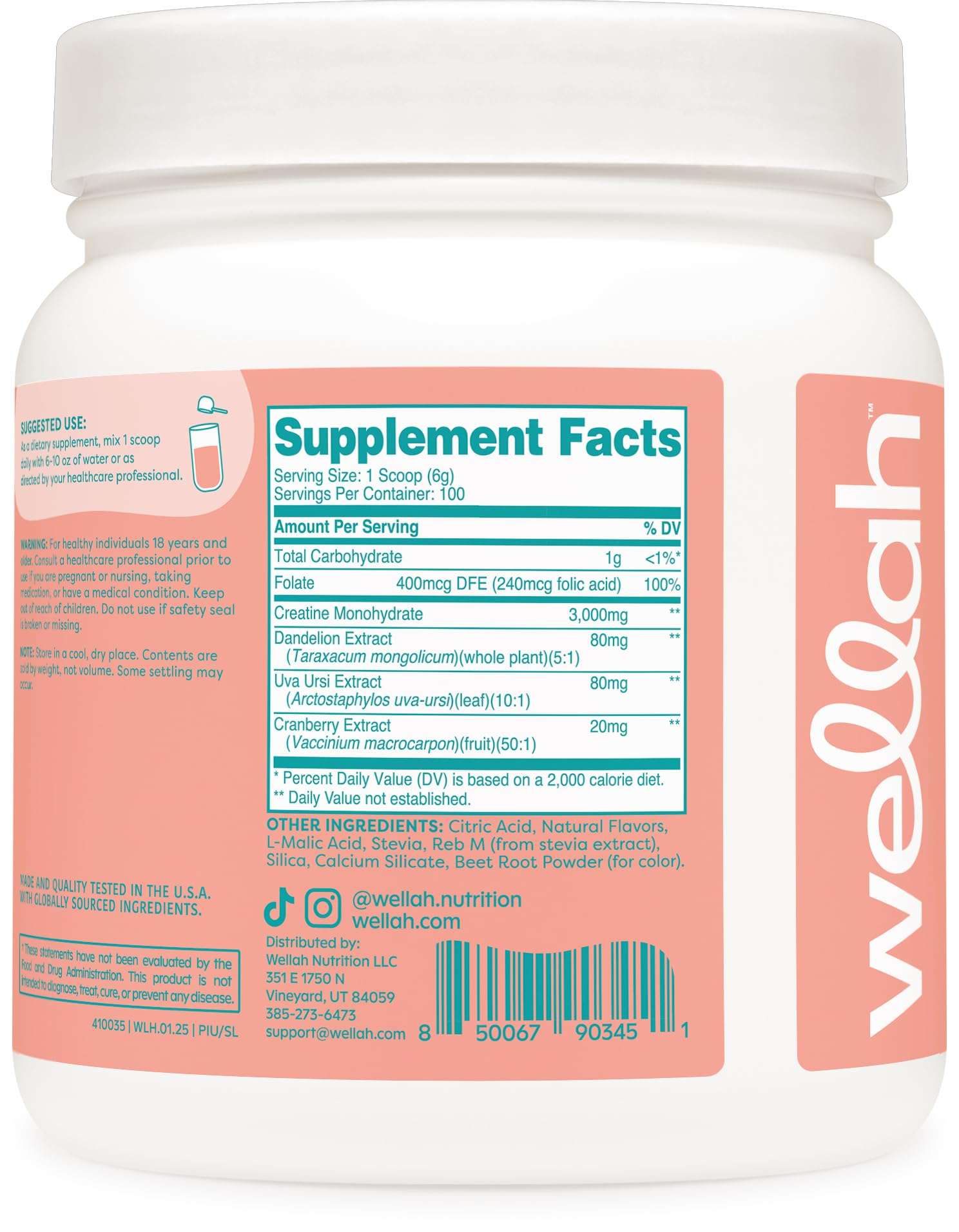 Wellah Creatine for Women - Creatine Monohydrate with Dandelion & Cranberry Extract (100 Servings, Strawberry Lemonade) - Image 5