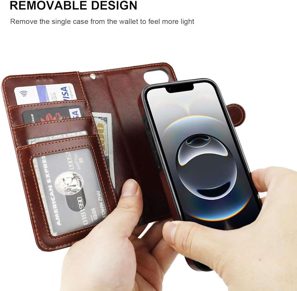 Bocasal Detachable Wallet Case for iPhone 17e/16e RFID Blocking Card Slots Holder Premium PU Leather Magnetic Kickstand Shockproof Wrist Strap Removable Flip Protective Cover 6.1 Inch 5G (Brown) | RFID Blocking - Image 3