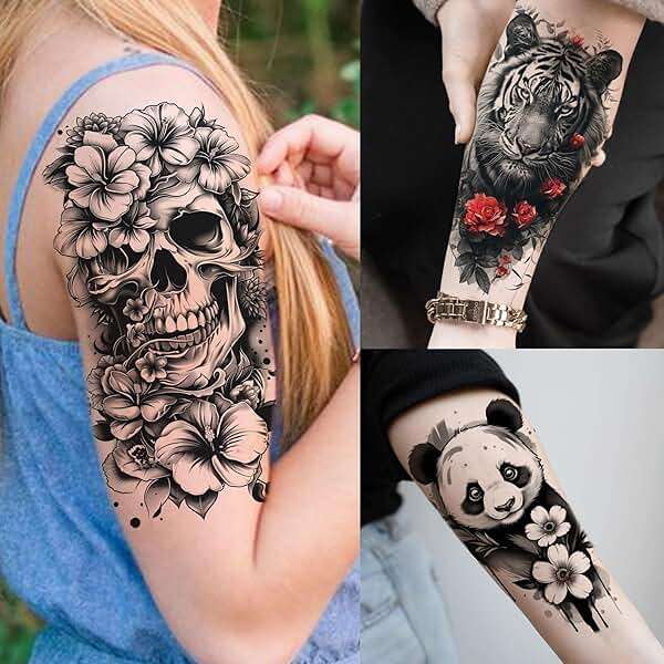 66 Sheets Snake Rose Flower Temporary Tattoos For Women Girls, Dragon Panda Florals Half Arm Sleeve Tattoo Sticker Dreamcatcher Floral, Skull Temp Butterfly Fake Tattoos For Adults Lion Tiger Leopard - Image 2