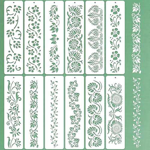 12 Pcs Large Flower Border Stencils for Painting, Reusable Plastic Floral Edge Baking Decorating Vine Stencil Tool, Painting Templates for DIY Cake Wood Wall Tile Furniture Canvas Craft, 3" x 11.8" - Image 1