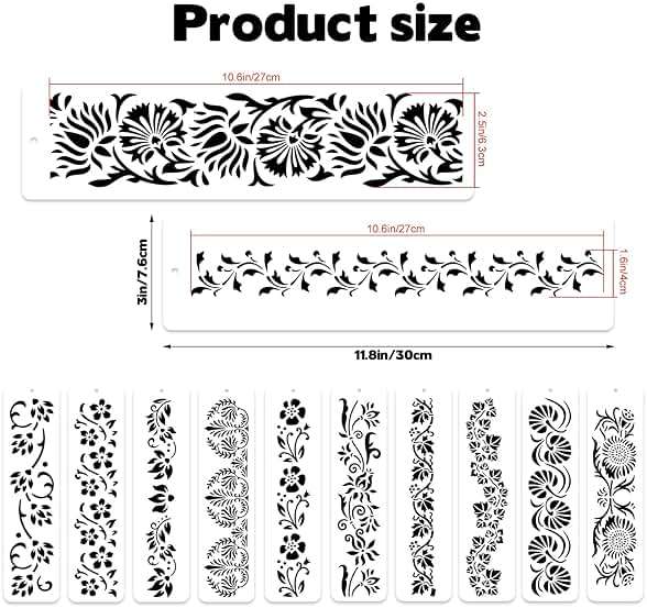 12 Pcs Large Flower Border Stencils for Painting, Reusable Plastic Floral Edge Baking Decorating Vine Stencil Tool, Painting Templates for DIY Cake Wood Wall Tile Furniture Canvas Craft, 3" x 11.8" - Image 2