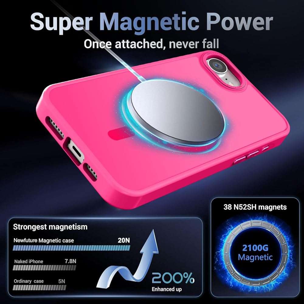 Newfuture Designed for iPhone 17e Case & iPhone 16e Case with Magnetic [13 FT Military Drop Protection] [Compatible with Magsafe] Slim Translucent Shockproof with Anti-Fingerprint Phone Case, Hot Pink - Image 3