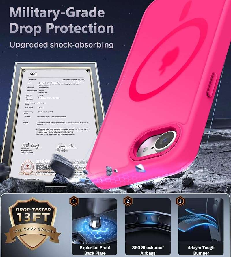 Newfuture Designed for iPhone 17e Case & iPhone 16e Case with Magnetic [13 FT Military Drop Protection] [Compatible with Magsafe] Slim Translucent Shockproof with Anti-Fingerprint Phone Case, Hot Pink - Image 5