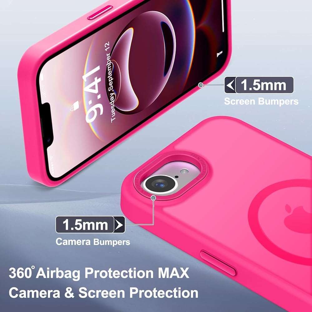 Newfuture Designed for iPhone 17e Case & iPhone 16e Case with Magnetic [13 FT Military Drop Protection] [Compatible with Magsafe] Slim Translucent Shockproof with Anti-Fingerprint Phone Case, Hot Pink - Image 6