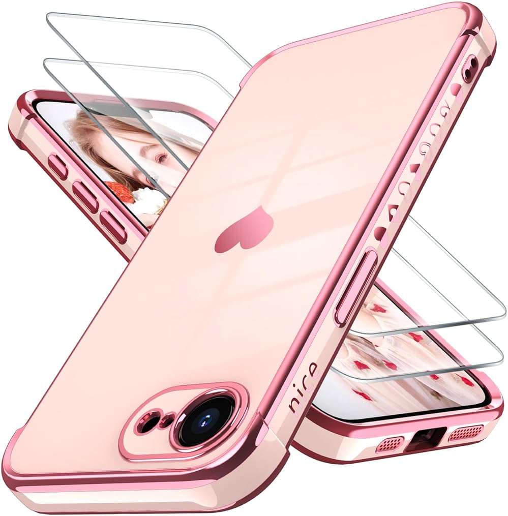 Dretal for iPhone 17e Case & iPhone 16e Case with 2X Screen Protector, Girl Women Cute Girly Love-Heart Luxury Gold Soft Cover Camera Protection Bumper Silicone Shockproof Phone Case 6.1 inch (Pink) - Image 1