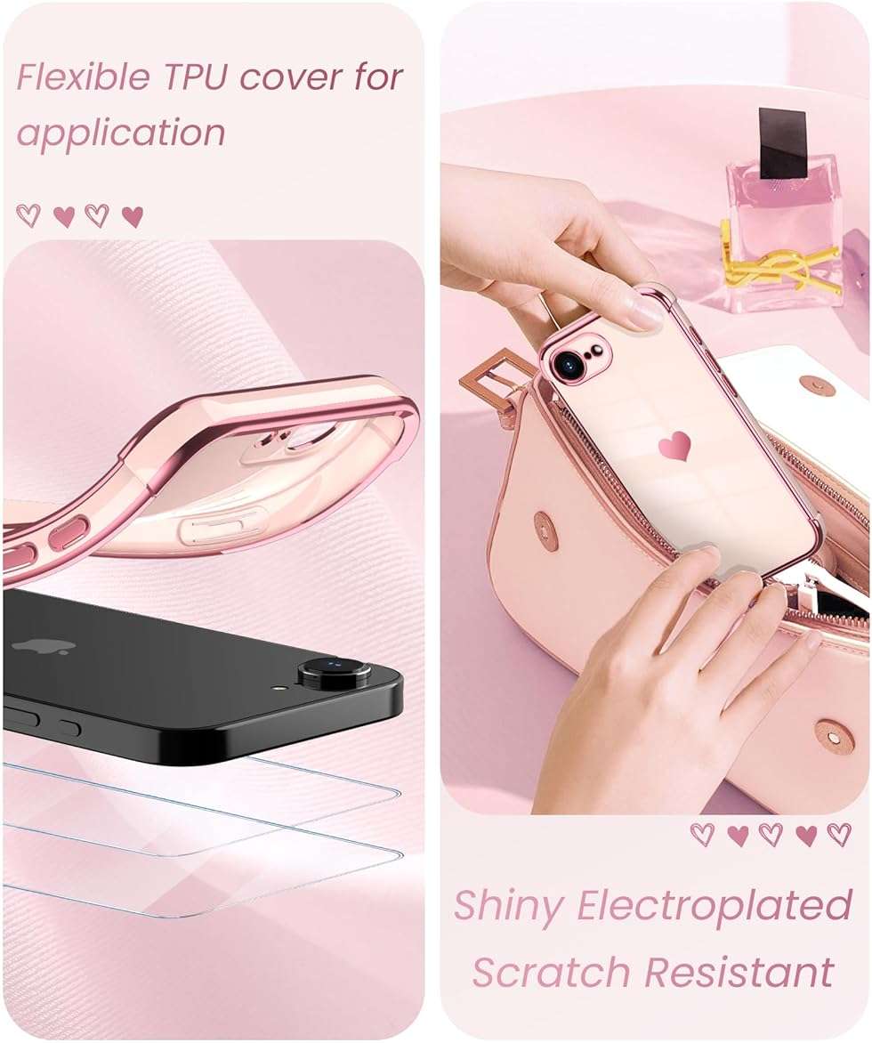 Dretal for iPhone 17e Case & iPhone 16e Case with 2X Screen Protector, Girl Women Cute Girly Love-Heart Luxury Gold Soft Cover Camera Protection Bumper Silicone Shockproof Phone Case 6.1 inch (Pink) - Image 4