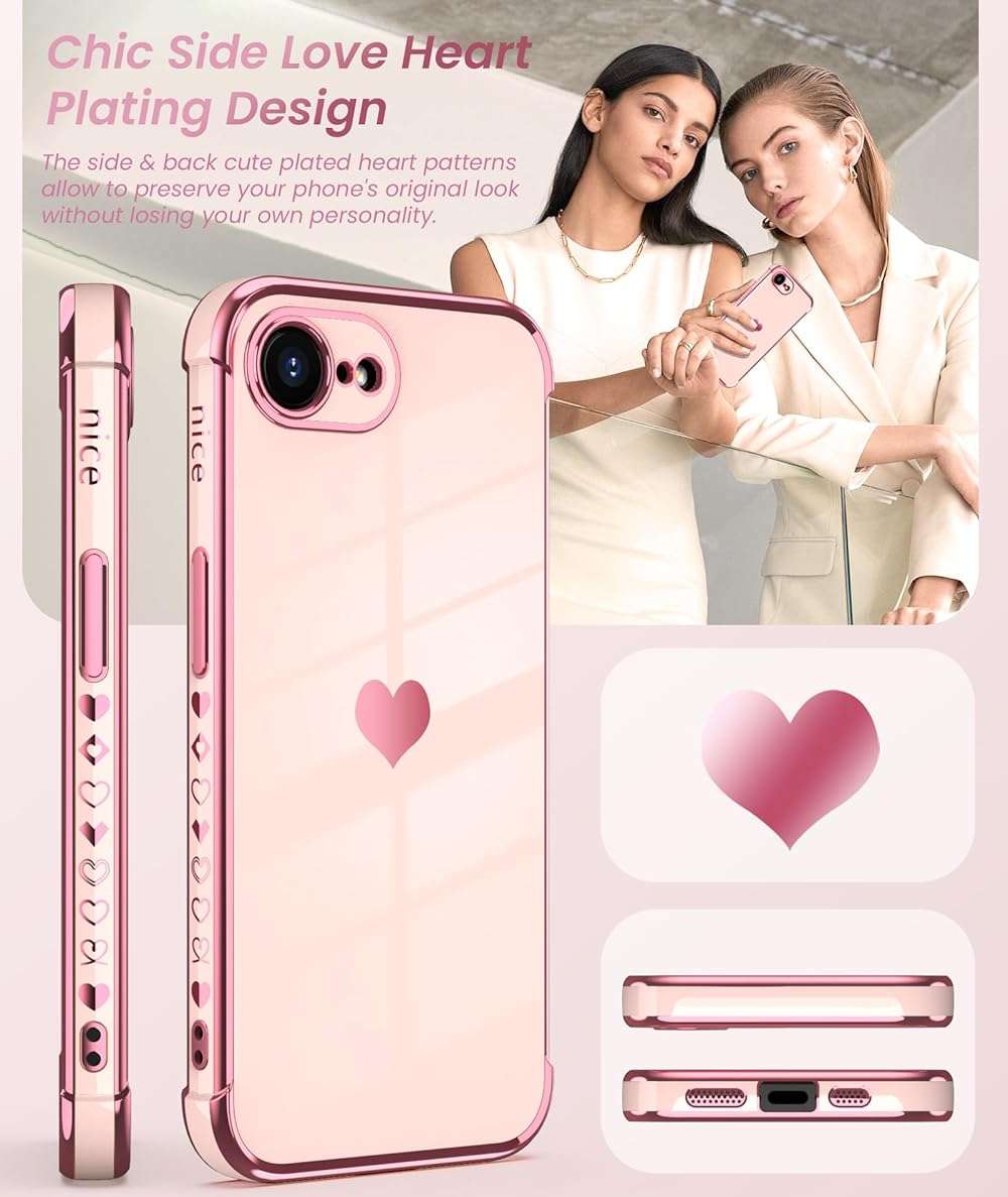 Dretal for iPhone 17e Case & iPhone 16e Case with 2X Screen Protector, Girl Women Cute Girly Love-Heart Luxury Gold Soft Cover Camera Protection Bumper Silicone Shockproof Phone Case 6.1 inch (Pink) - Image 5