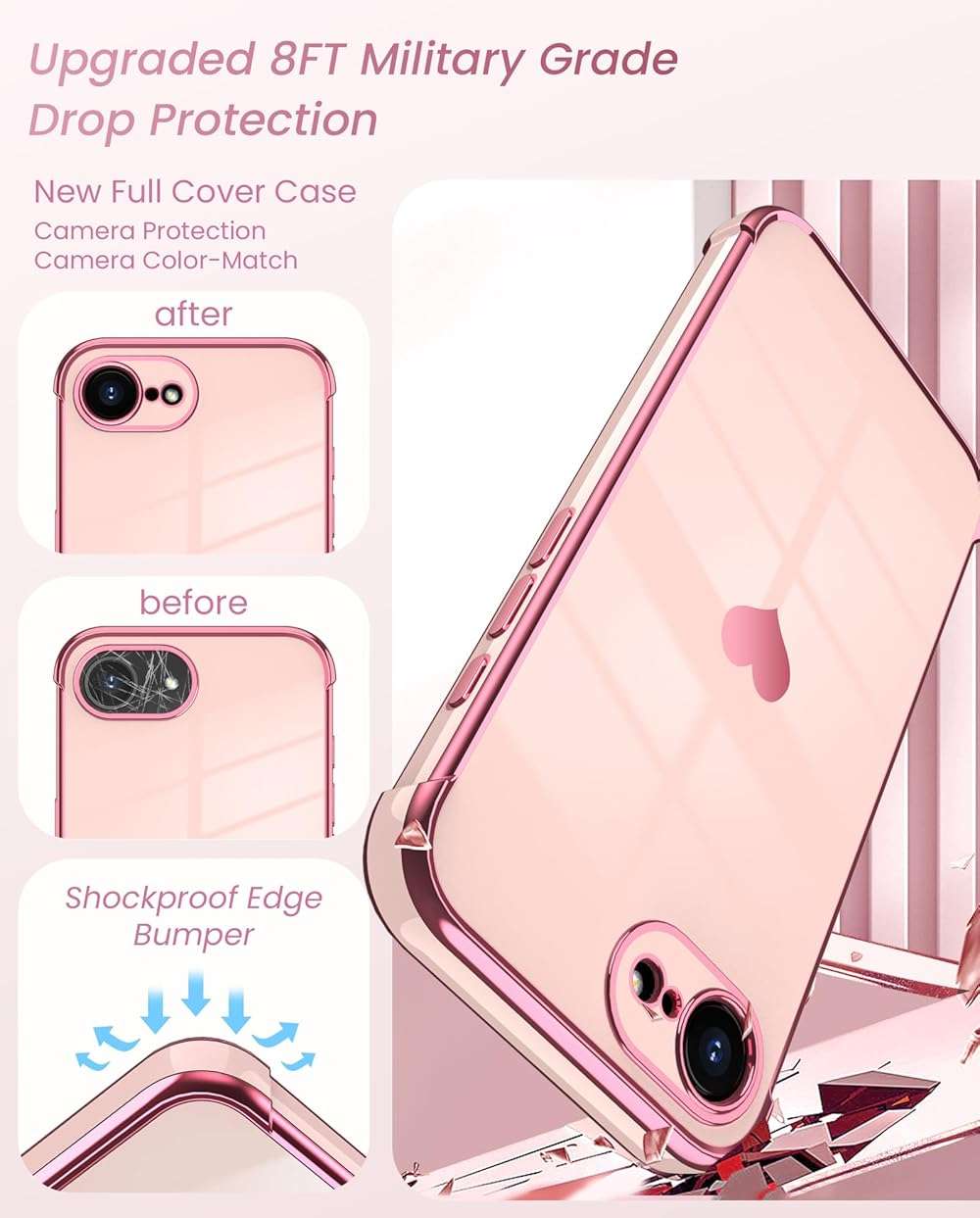 Dretal for iPhone 17e Case & iPhone 16e Case with 2X Screen Protector, Girl Women Cute Girly Love-Heart Luxury Gold Soft Cover Camera Protection Bumper Silicone Shockproof Phone Case 6.1 inch (Pink) - Image 6
