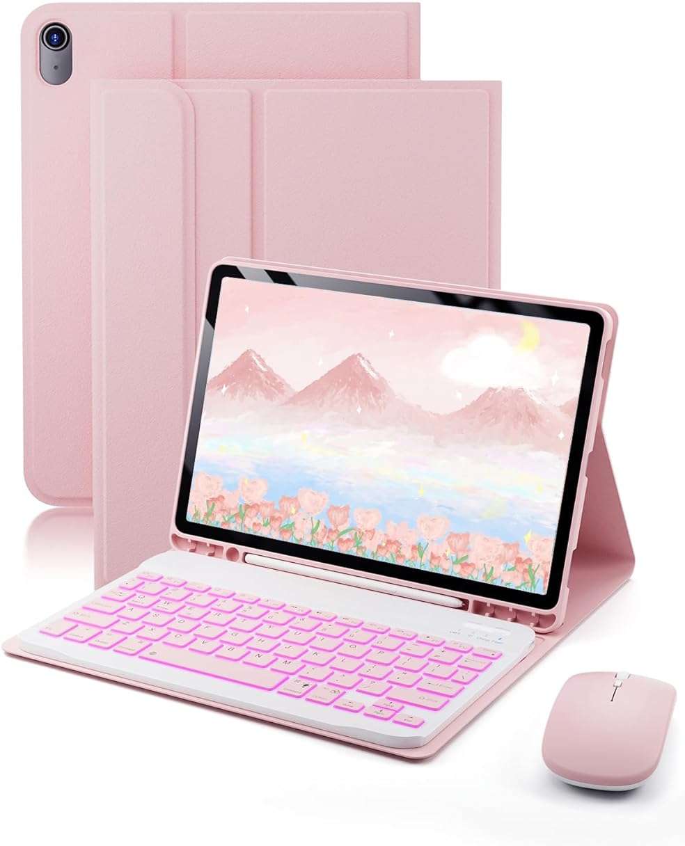 TUNKARMOR for iPad A16 11th / 10th Generation Case with Backlit Keyboard - 7 Color Change for iPad 10th Gen 2022 & 11th Gen 2025 A16 10.9/11 inch Cover - Built-in Pencil Holder with Mouse - Pink - Image 1