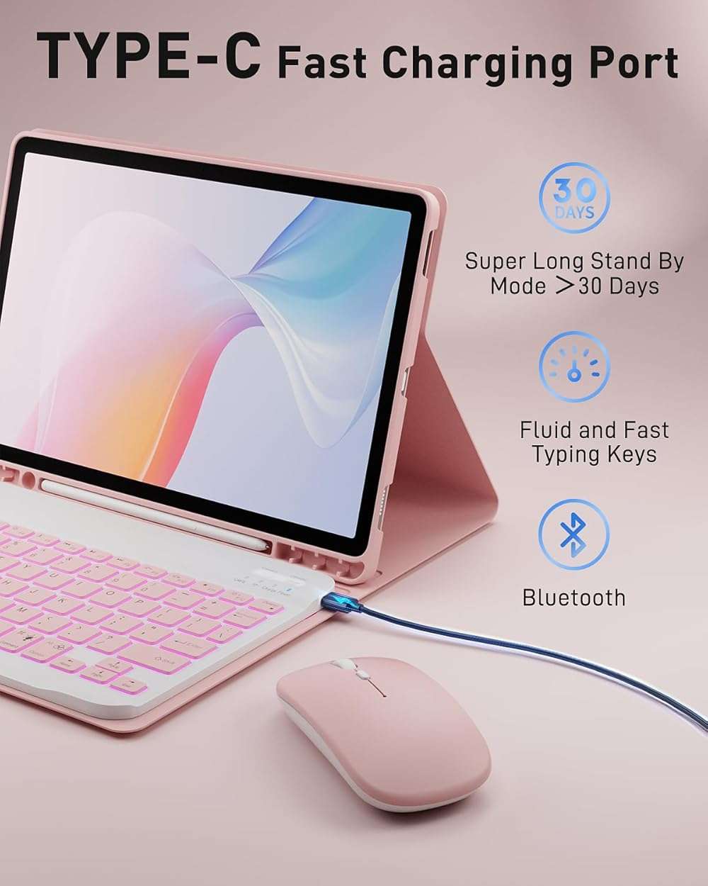 TUNKARMOR for iPad A16 11th / 10th Generation Case with Backlit Keyboard - 7 Color Change for iPad 10th Gen 2022 & 11th Gen 2025 A16 10.9/11 inch Cover - Built-in Pencil Holder with Mouse - Pink - Image 5