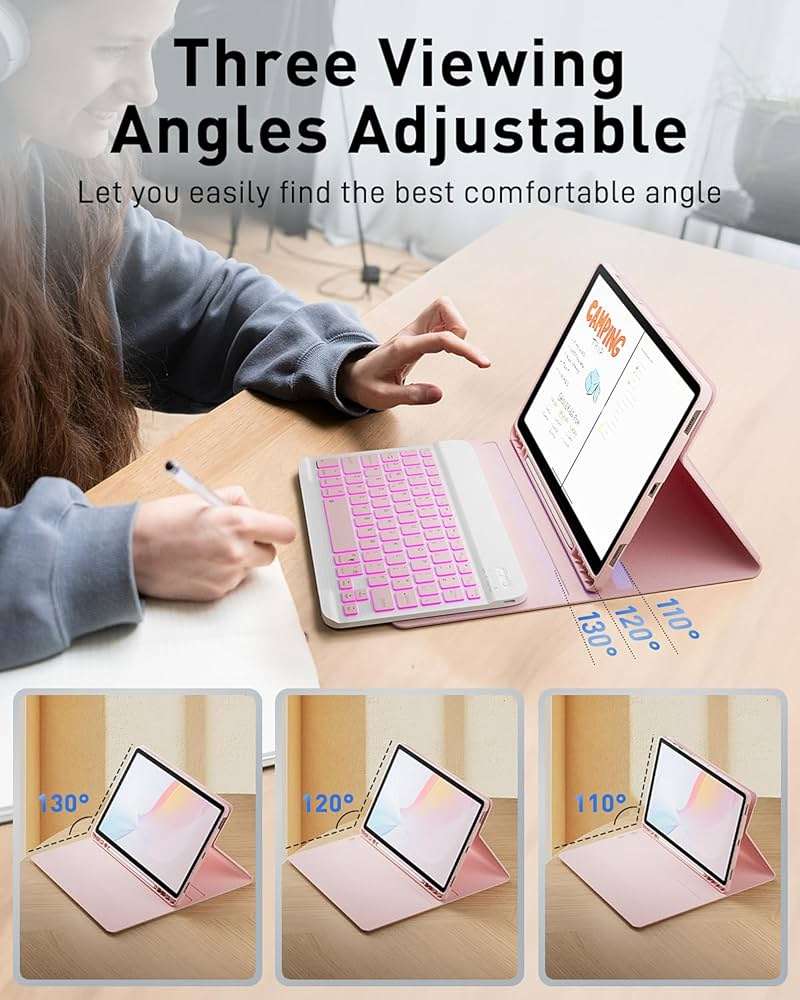 TUNKARMOR for iPad A16 11th / 10th Generation Case with Backlit Keyboard - 7 Color Change for iPad 10th Gen 2022 & 11th Gen 2025 A16 10.9/11 inch Cover - Built-in Pencil Holder with Mouse - Pink - Image 6