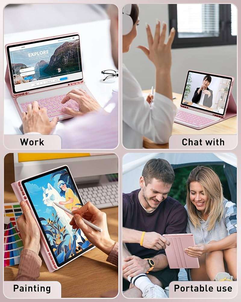 TUNKARMOR for iPad A16 11th / 10th Generation Case with Backlit Keyboard - 7 Color Change for iPad 10th Gen 2022 & 11th Gen 2025 A16 10.9/11 inch Cover - Built-in Pencil Holder with Mouse - Pink - Image 9